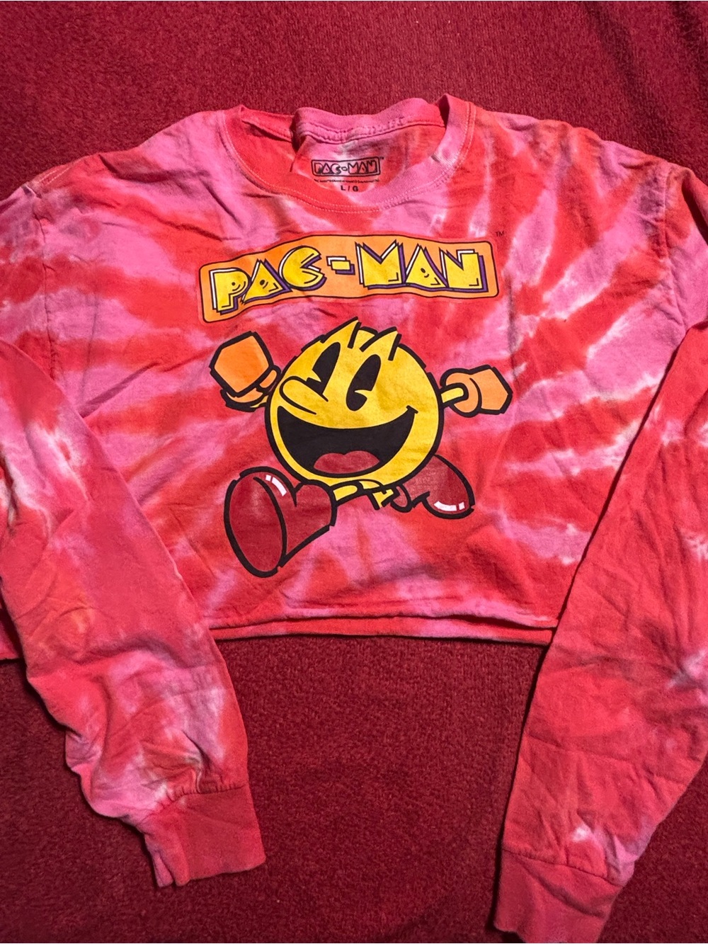 Pac-Man Pink & Red Tie-Dye Cropped long sleeve shirt size large.